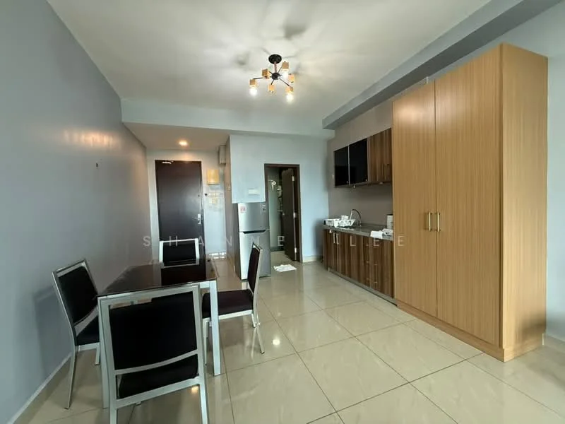 Dining features: dining table for 4, black upholstered dining chairs, light grey painted walls, tile flooring, ceiling light fixture with multiple bulbs, built-in wooden cabinetry, stainless-steel fridge, kitchen countertop, microwave, sink, wall-mounted TV, open layout; style: modern.
