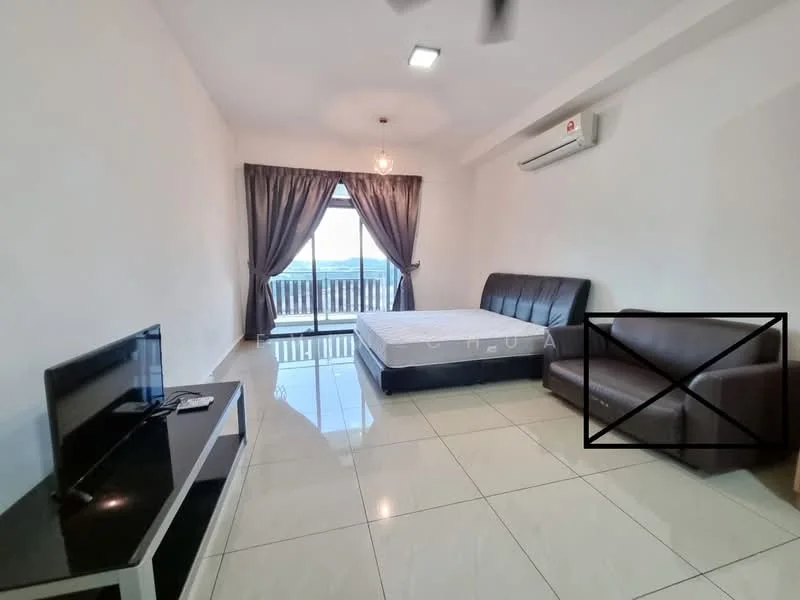 Living features: white painted walls, glossy tile flooring, 5-blade ceiling fan, floor-to-ceiling sliding glass door, curtains in dark grey, black leather sofa, black TV console, wall-mounted TV, balcony access, decorative light fixture; style: modern; view: city.
