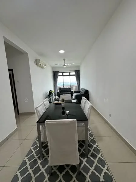 Dining features: black dining table, 4 upholstered dining chairs in white, area rug with geometric pattern, recessed downlights, 1 wall-mounted split AC, floor-to-ceiling windows, curtains in grey, light-coloured walls, tile flooring; style: modern; view: city. Living features: 3-seater fabric sofa in black, coffee table, TV console, wall-mounted TV, light-coloured walls, tile flooring; style: modern; view: city.