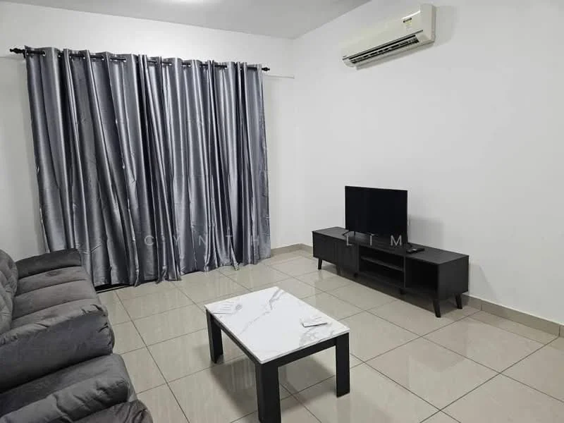 Living features: grey fabric sofa, marble-top coffee table, black TV console, wall-mounted TV, floor-to-ceiling curtains in grey, glossy ceramic tile flooring, 1 wall-mounted split AC, white painted walls, recessed ceiling lights; style: modern.
