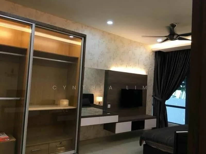 Bedroom features: built-in wardrobe with sliding doors, wooden cabinetry, wall-mounted TV, recessed lighting, ceiling fan, decorative wall with floral pattern, dark curtains, laminate flooring, bedside lamps, neutral color scheme; style: modern.