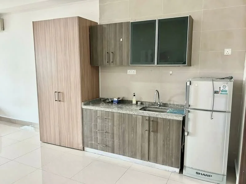 Kitchen features: grey granite countertop, stainless-steel sink, chrome faucet, wood cabinetry in brown, glass-front upper cabinets, white fridge, tile backsplash, ceramic tile flooring, wall-mounted air conditioning unit; style: modern.