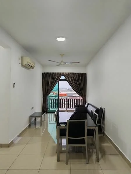 Living features: white painted walls, glossy ceramic tile flooring, 5-blade ceiling fan with light, floor-to-ceiling window, sheer curtains, blackout curtains, sofa in dark color, dining table with chairs, air conditioning unit; style: modern; view: city.