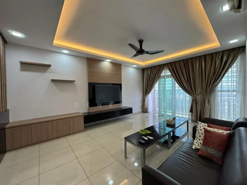 Living features: black leather sofa, glass coffee table, TV console with wall-mounted TV, cream tiled flooring, recessed downlights, 5-blade ceiling fan, wooden feature wall, curtains, shelving unit, decorative cushions; style: modern; view: city.