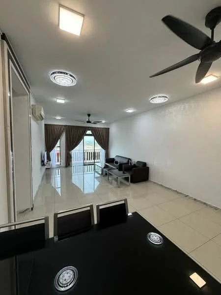 Living features: white painted walls, glossy tile flooring, 5-blade ceiling fan with light, recessed downlights, sofa in dark grey, coffee table, TV console, floor-to-ceiling windows, sheer curtains, balcony door, area rug; style: modern; view: city.