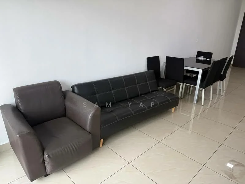 Living features: 3-seater fabric sofa in black, 1-seater leather armchair in brown, white dining table, 4 black upholstered dining chairs, glossy tile flooring, plain white walls, natural light from windows, minimalist decor; style: modern.