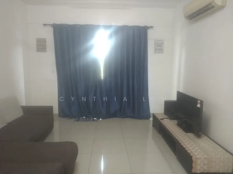 Living features: grey fabric sofa, 2-seater sofa, flat-screen TV on console, TV console with storage, white painted walls, glossy tile flooring, air conditioning unit on wall, blue curtains, decorative wall art, natural light from window; style: modern.