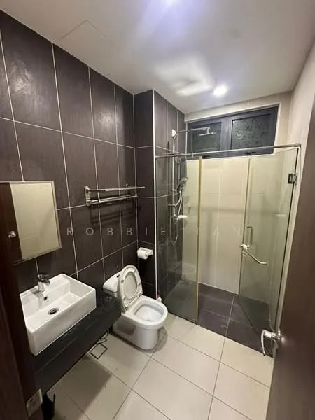 Bathroom features: white ceramic toilet, single-sink vanity with rectangular basin, chrome basin mixer faucet, glass shower enclosure, rain shower head, handheld shower, dark wood cabinetry, grey tiled walls, light-colored tile flooring, mirror above vanity, towel rail, toilet paper holder; style: modern.