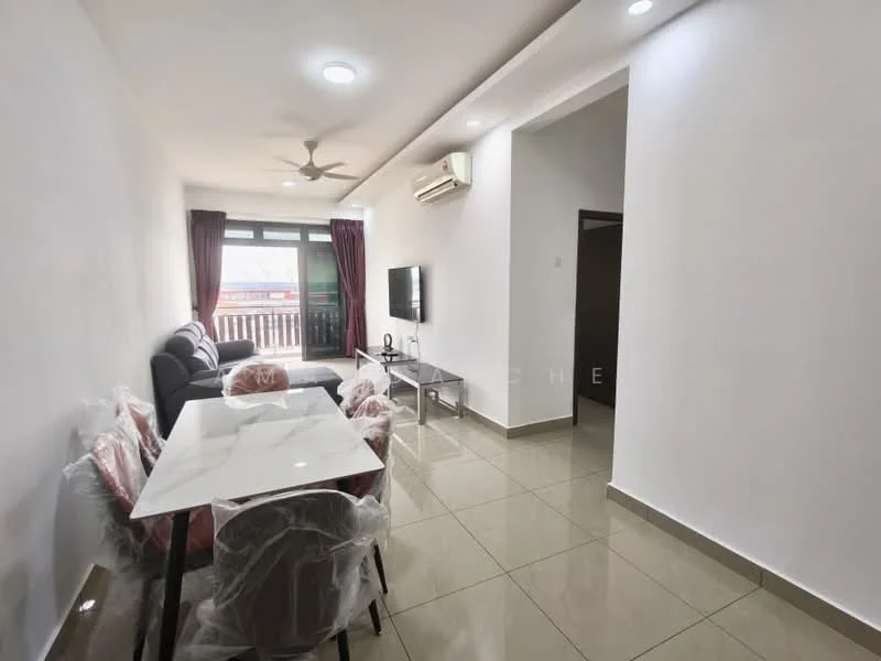 Living features: grey fabric sofa, 3-seater sofa, coffee table, wall-mounted TV, TV console, ceiling fan, recessed downlights, floor-to-ceiling windows, curtains, glossy ceramic tile flooring, white painted walls; style: modern; view: city. Dining features: 4-seater dining table, white marble tabletop, transparent plastic chair covers; style: modern.