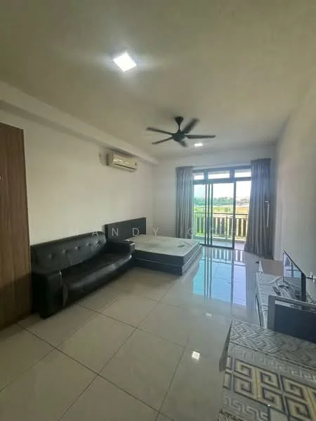 Living features: black leather sofa, coffee table with geometric pattern, floor-to-ceiling windows, sliding glass door, curtains, 5-blade ceiling fan with light, wall-mounted air conditioning unit, glossy tile flooring, neutral painted walls, balcony view; style: modern; view: garden.