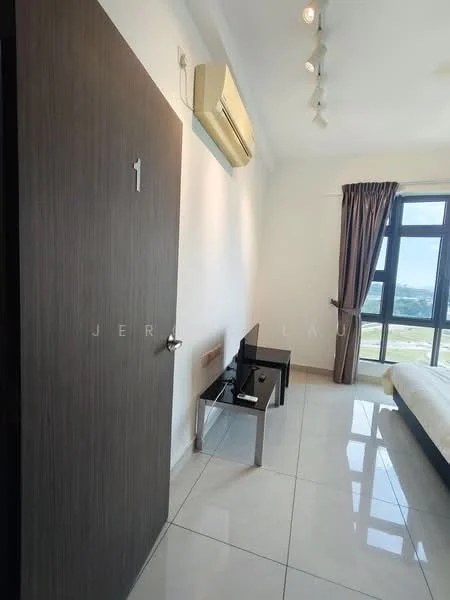 Room features: white painted walls, glossy tile flooring, 1 wall-mounted split AC, floor-to-ceiling windows, brown wooden door, curtains, small black TV console, minimalist decor; style: modern; view: city.