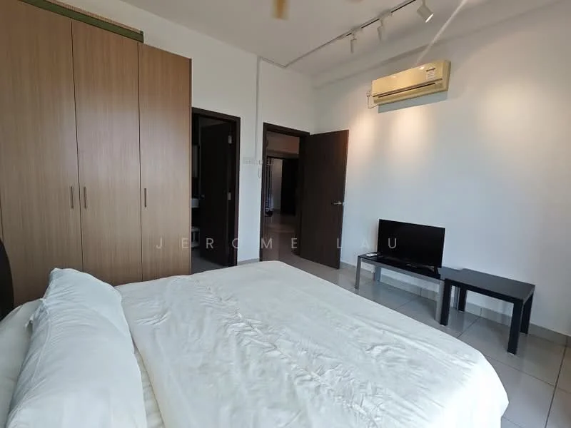 Bedroom features: queen-size bed, white bedding, built-in wardrobe with wooden doors, flat-screen TV on a small table, tile flooring, wall-mounted air conditioning unit, recessed lighting, neutral painted walls; style: modern.