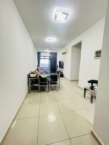 Living features: white painted walls, glossy beige tile flooring, recessed LED downlights, ceiling fan, dining table with chairs, television, floor-to-ceiling windows, curtains, air conditioning unit; style: modern; view: city.