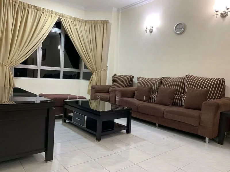 Living features: brown fabric sofa with striped cushions, black coffee table, white tiled flooring, cream painted walls, floor-to-ceiling windows, sheer curtains, wall-mounted clock, 2 wall sconces; style: contemporary.