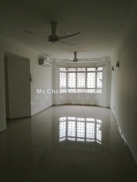 Living features: white painted walls, glossy ceramic tile flooring, 2 ceiling fans, floor-to-ceiling windows, air conditioning unit, recessed downlights, neutral color scheme, open layout; style: modern.