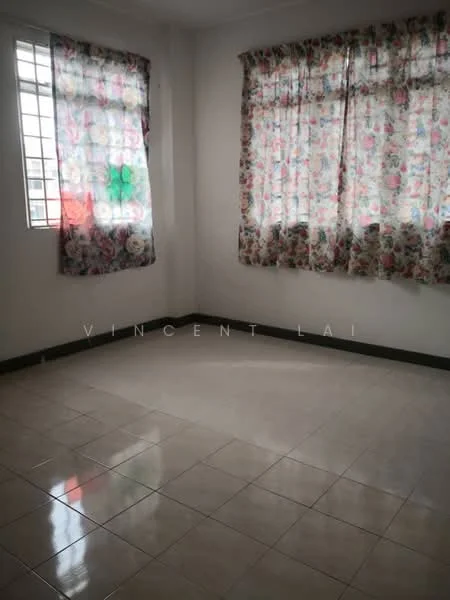 Room features: white painted walls, ceramic tile flooring, floral patterned curtains, large windows, corner room, natural light, neutral color scheme, baseboard trim.