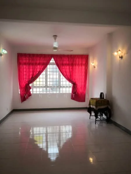 Living features: white painted walls, glossy ceramic tile flooring, 5-blade ceiling fan, large windows with grid pattern, red sheer curtains, wall sconces, small table, kettle on table.
