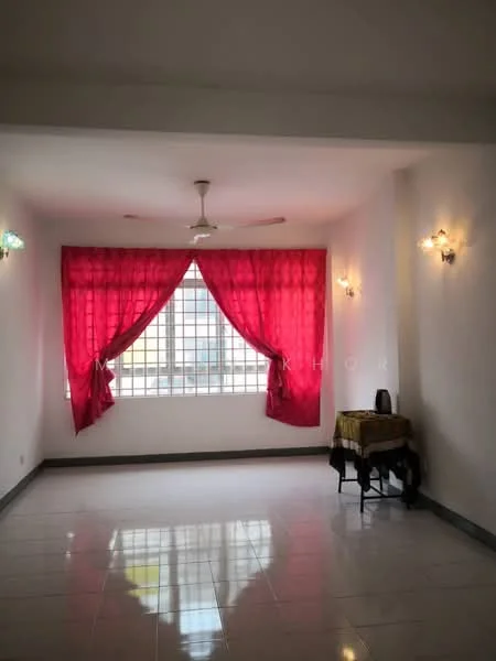 Living features: white painted walls, glossy ceramic tile flooring, 5-blade ceiling fan with light, large window with grid pattern, red sheer curtains, wall sconces, decorative table, neutral color scheme; style: modern.