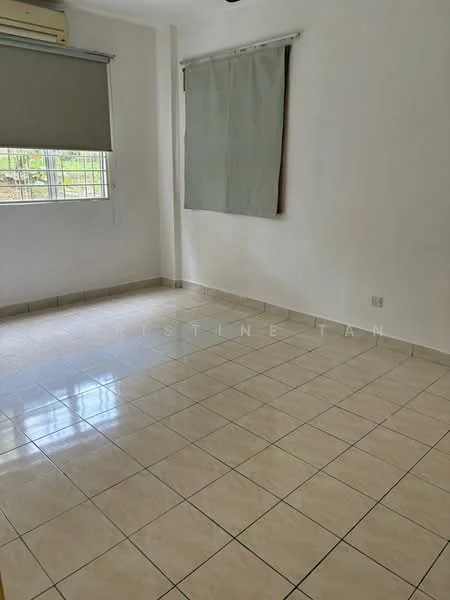 Room features: white painted walls, tile flooring, window with sheer curtains, wall-mounted split AC, light-colored window treatment, neutral color scheme; style: minimalist; view: garden.