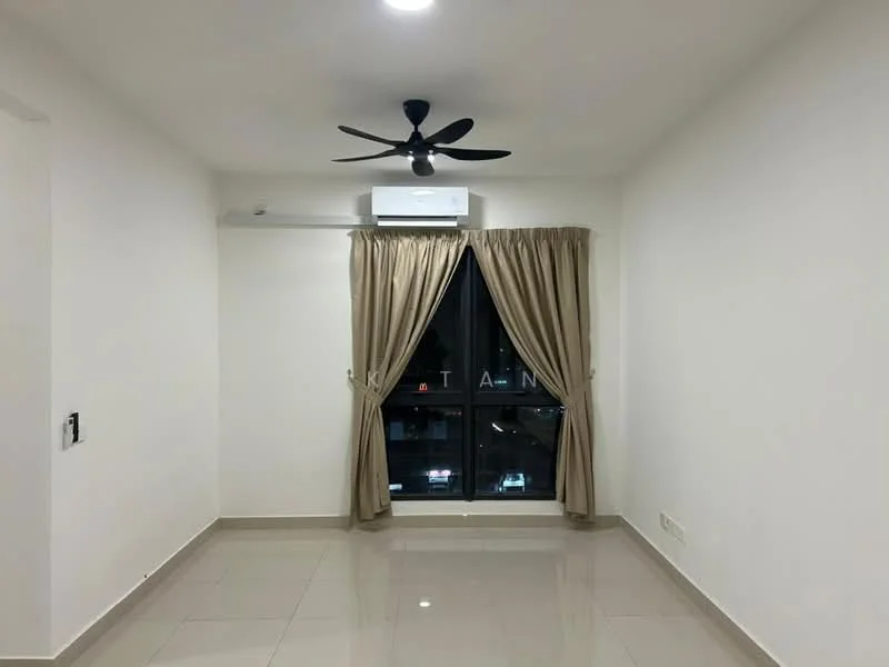 Living features: white painted walls, glossy ceramic tile flooring, 5-blade ceiling fan with light, floor-to-ceiling windows, curtains in beige, wall-mounted split AC, neutral color scheme, city view visible through window; style: modern; view: city.