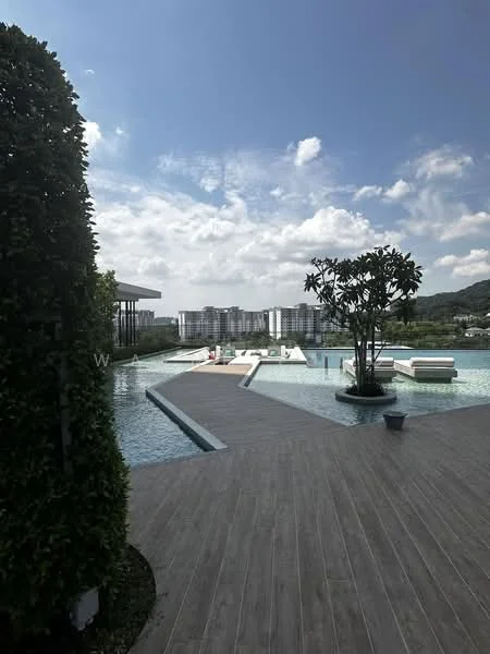 Exterior type: swimming pool deck; features: infinity pool, wooden deck, landscaped greenery, lounge chairs, planter with tree, view of residential buildings, skyline view, manicured hedges; style: modern.
