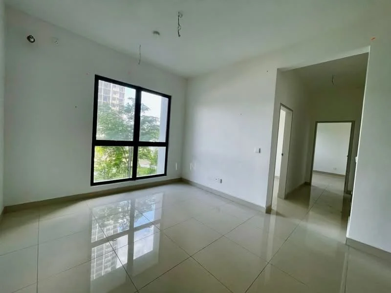 Room features: large floor-to-ceiling window, white painted walls, glossy beige tile flooring, no visible ceiling features, neutral color scheme, natural light from window, open layout, minimalist decor; style: modern; view: garden.