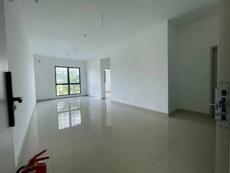Room features: white painted walls, glossy ceramic tile flooring, large floor-to-ceiling window, natural light from window, ceiling with exposed wiring, open layout, fire extinguisher, neutral color scheme; style: modern; view: garden.