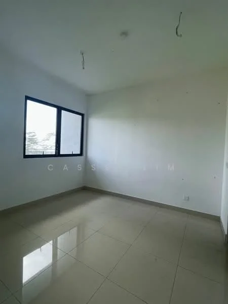 Room features: white painted walls, tile flooring, large window, natural light, no visible furniture, smooth ceiling, light fixtures installed, neutral color scheme; style: minimalist.