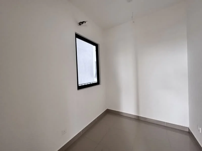 Room features: white painted walls, grey tile flooring, square window, no visible furniture, minimal decor, ceiling light fixture; style: minimalist.