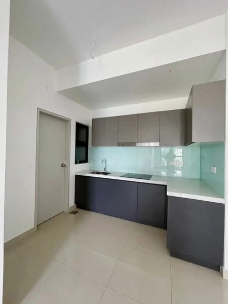 Kitchen features: grey upper cabinets, black lower cabinets, white countertop, single-bowl stainless-steel sink, chrome pull-down faucet, glass backsplash, built-in stove, tile flooring, window with natural light, recessed ceiling lights; style: modern.
