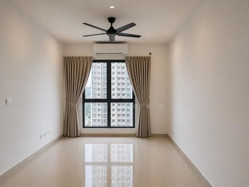 Room features: white painted walls, glossy tile flooring, 5-blade ceiling fan, floor-to-ceiling windows, sheer curtains, air conditioning unit, neutral color scheme, natural light from window; style: modern; view: city.