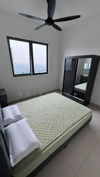 Bedroom features: queen-size bed, upholstered headboard, 2 white pillows, black bedside table, black wardrobe with mirror, floor-to-ceiling windows, grey tiled flooring, 5-blade ceiling fan; style: modern; view: city.