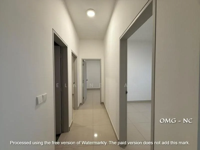 Hallway features: white painted walls, glossy tile flooring, recessed ceiling lights, multiple doorways, neutral color scheme, wide corridor, modern door frames, no visible decor; style: modern.