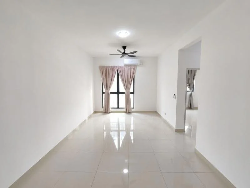 Living features: white painted walls, glossy ceramic tile flooring, 5-blade ceiling fan with light, floor-to-ceiling windows, sheer curtains, natural light, air conditioning unit; style: modern.