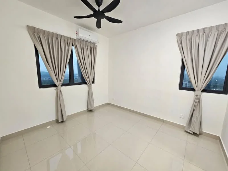 Room features: cream painted walls, glossy ceramic tile flooring, 5-blade ceiling fan, 2 floor-to-ceiling windows, beige curtains, wall-mounted split AC; style: modern; view: city.