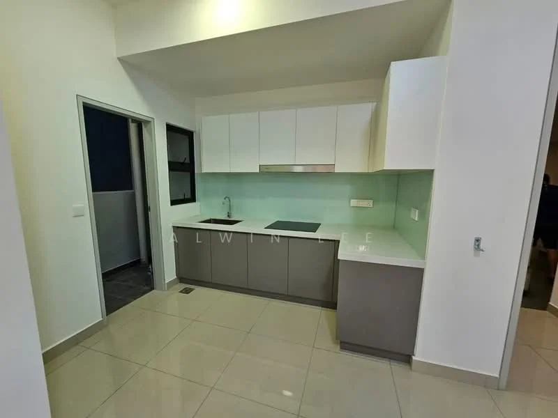 Kitchen features: white upper cabinets, grey lower cabinets, glass backsplash, stainless-steel sink, chrome pull-down faucet, built-in cooktop, countertop with overhang, tile flooring, recessed downlights, floor-to-ceiling windows, open layout; style: modern.