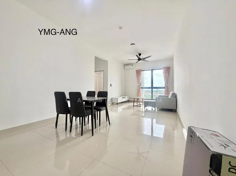 Living features: white painted walls, glossy tile flooring, 5-blade ceiling fan with light, floor-to-ceiling window, curtains, sofa, coffee table, TV console, dining table with 6 chairs, air conditioning unit; style: modern; view: city.