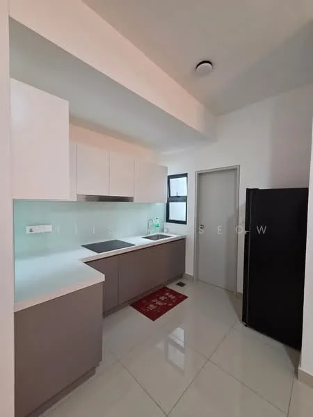 Kitchen features: white upper cabinets, grey lower cabinets, white countertop, built-in cooktop, stainless-steel sink, chrome pull-down faucet, tile backsplash, refrigerator, window with black frame, light-colored flooring, recessed ceiling lights; style: modern.