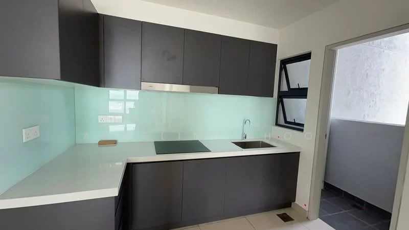 Kitchen features: black cabinetry, white quartz countertop, stainless-steel sink, chrome pull-down faucet, glass backsplash in light blue, built-in stove, open shelving, floor-to-ceiling window, sliding glass door to balcony; style: modern. Room features: grey tiled flooring, exposed concrete wall.