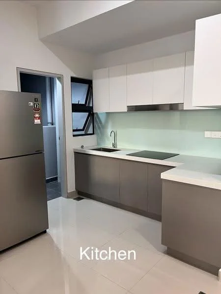 Kitchen features: stainless-steel fridge, single-bowl stainless-steel sink, chrome pull-down faucet, white upper cabinets, grey lower cabinets, white quartz countertop, glass backsplash, built-in cooktop, recessed downlights, tile flooring, floor-to-ceiling windows, open layout; style: modern.