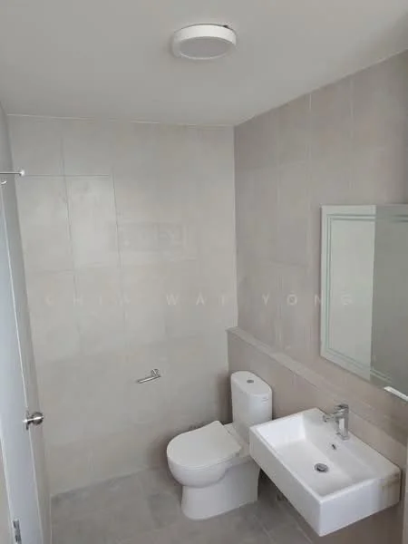 Bathroom features: light grey tile flooring, light grey tile walls, white wall-mounted sink, chrome basin mixer faucet, white one-piece toilet, framed mirror, ceiling light fixture; style: modern.