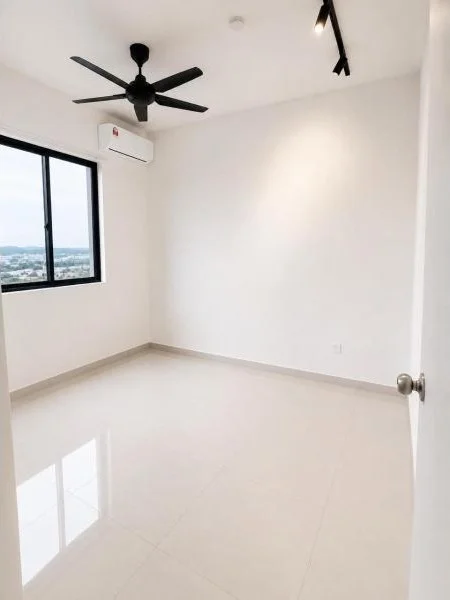 Bedroom features: white painted walls, glossy white tile flooring, plain white ceiling, black 5-blade ceiling fan, track lighting, wall-mounted split AC, black-framed casement window, single window, city view, bare room, white baseboards, door with silver knob; style: modern; view: city.