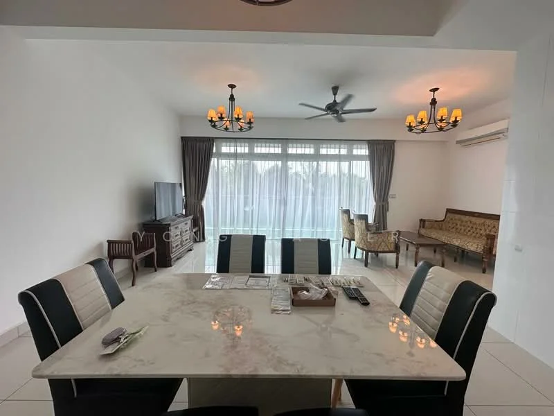 Dining features: 6-seater dining table with marble top, black and white upholstered dining chairs, chandelier lighting, recessed ceiling lights, floor-to-ceiling windows with sheer curtains, light-colored tiled flooring, wall-mounted TV, decorative sideboard, upholstered sofa, wooden armchair, greenery view outside; style: modern; view: garden.