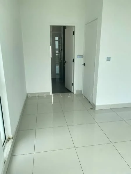 Room features: white painted walls, glossy ceramic tile flooring, floor-to-ceiling windows, doorway leading to another room, neutral color scheme, minimalist design, no visible furniture, natural light from windows; style: modern.