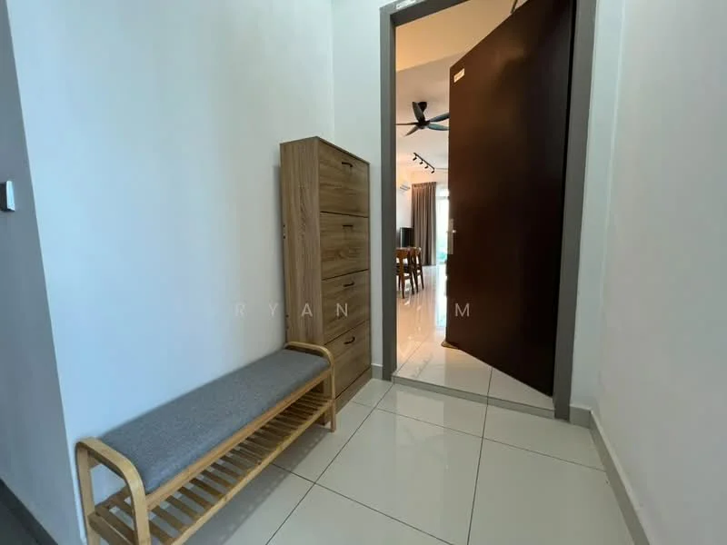 Room features: white painted walls, tile flooring, wooden shoe rack, wooden chest of drawers, ceiling fan, door with handle, natural light from doorway; style: modern.