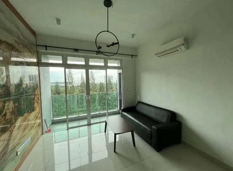 Living features: black leather sofa, round coffee table, floor-to-ceiling windows, sliding glass door, white painted walls, glossy tile flooring, 1 wall-mounted split AC, recessed downlights, curtains, view of greenery; style: modern; view: garden.