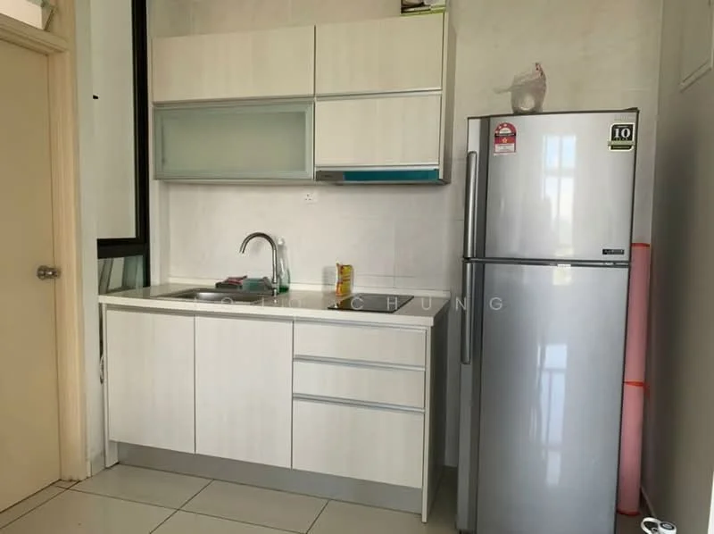 Kitchen features: white laminate cabinetry, stainless-steel sink, chrome pull-down faucet, white tiled backsplash, grey countertop, freestanding stainless-steel fridge, ceramic tile flooring, wall-mounted cabinets, under-cabinet lighting; style: modern.