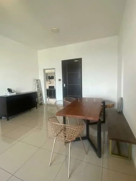 Dining features: white painted walls, glossy tile flooring, rectangular wooden dining table, metal wire dining chairs, wooden bench seating, black cabinet, mirror on wall, door to hallway; style: modern.