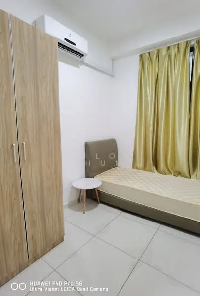 Bedroom features: light wood wardrobe, single bed frame without mattress, cream mattress, white round side table, beige upholstered headboard, floor-to-ceiling window with sheer curtains, yellow curtains, wall-mounted split AC, white tiled flooring; style: modern.