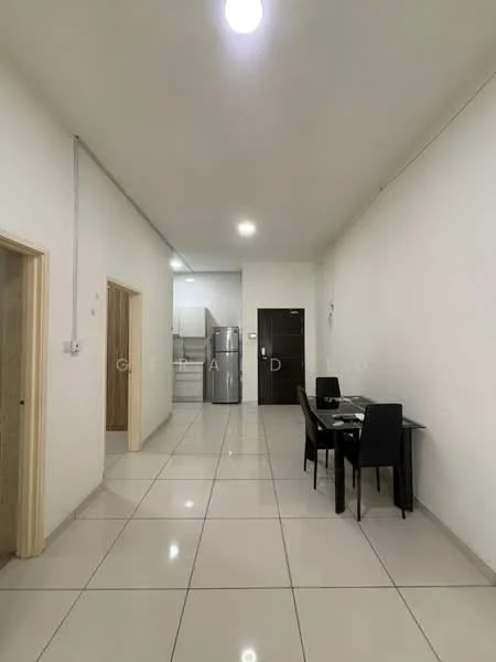 Room features: white painted walls, glossy tile flooring, recessed ceiling lights, dining table with four black chairs, stainless-steel fridge, open layout, doorway leading to kitchen, doorway leading to hallway; style: modern.